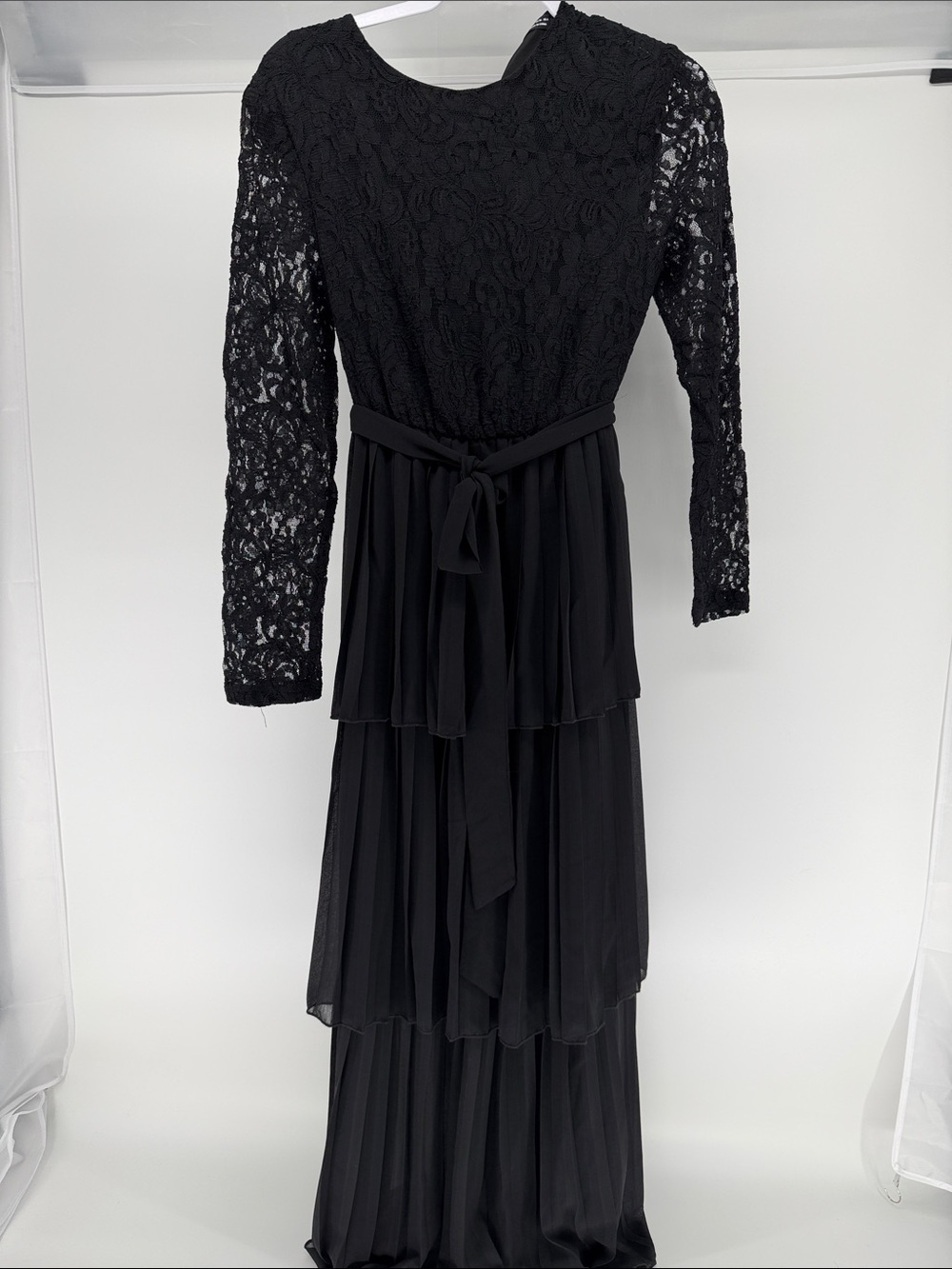 SHEIN Black Long Sleeve Lace Tiered Maxi Dress